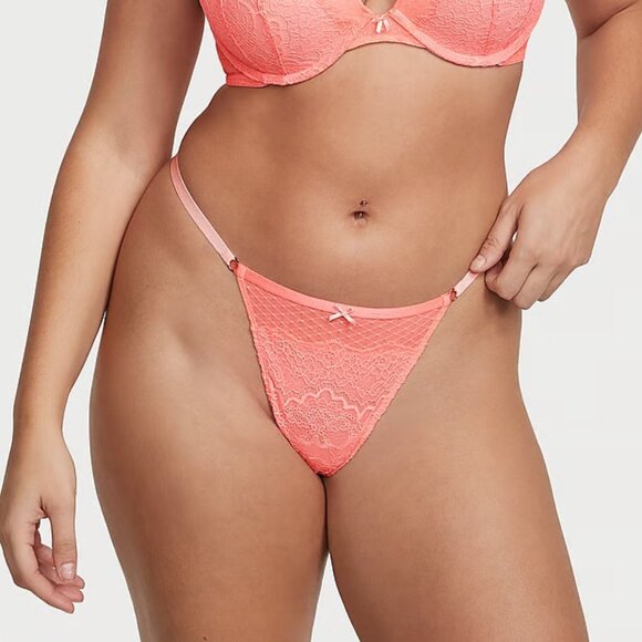 Victoria's Secret Dream Angels Lace V-String Panty Neon Nectar Large NEW - Picture 3 of 5